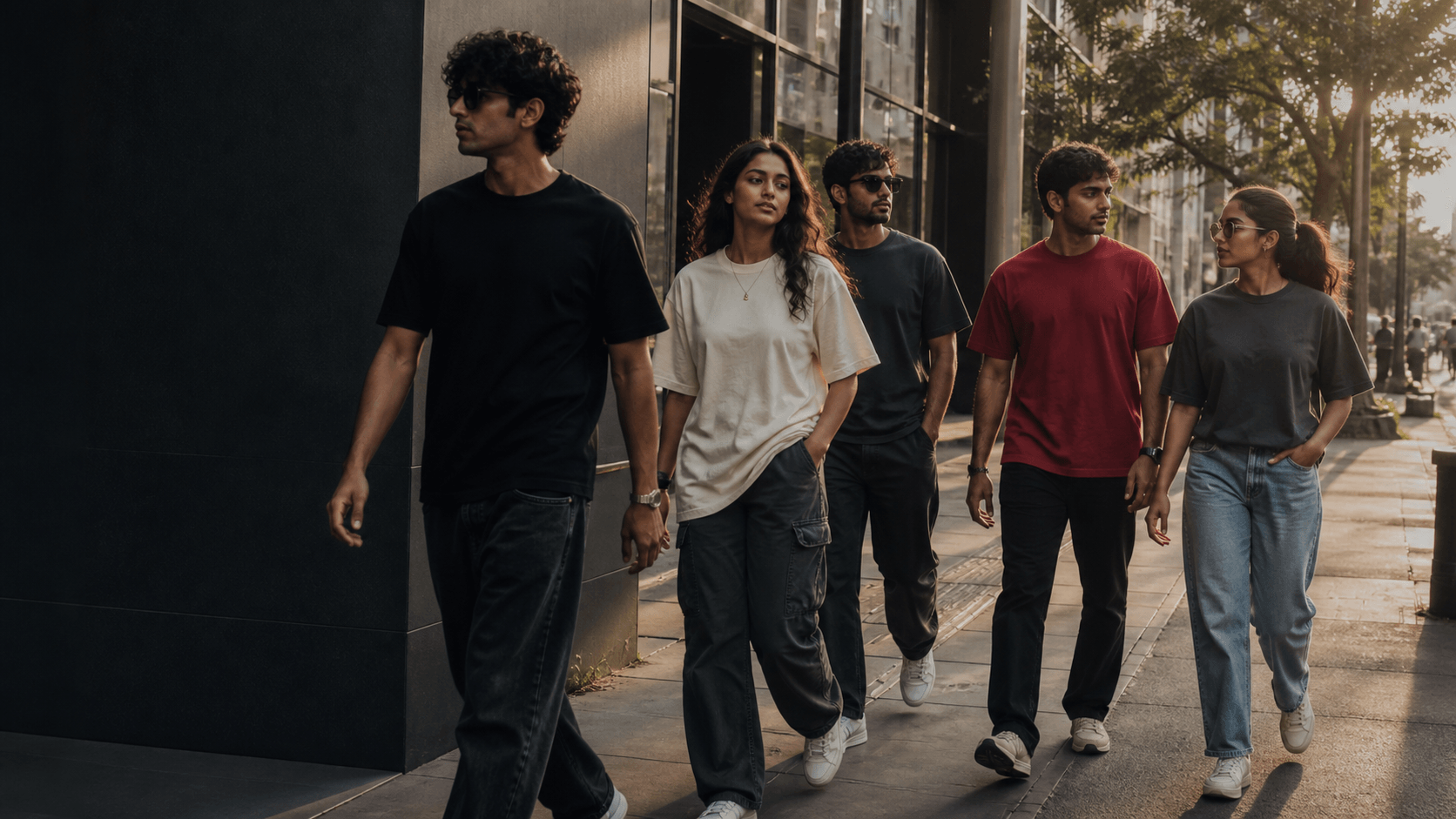 Five friends walking a city street in Threads by RZN tees and relaxed trousers