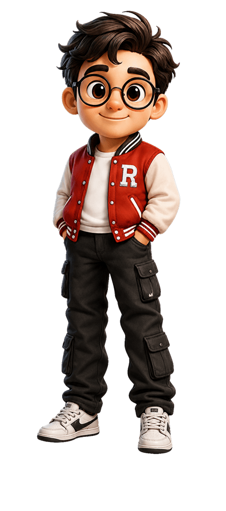 Riz, the Threads by RZN mascot, standing in his red varsity jacket