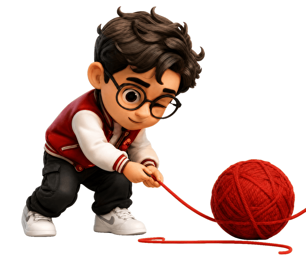 Riz pulling a red yarn ball along by its thread