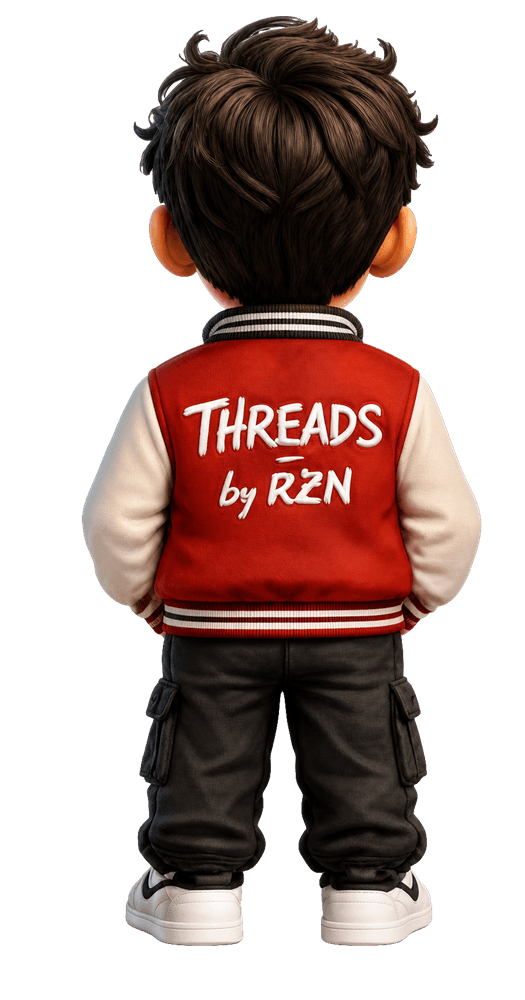 Riz from behind, Threads by RZN across the back of his jacket
